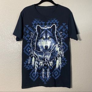 Vintage 90’s Y2K Black Large Wolf Print Southwest Short Sleeve Tee Sm